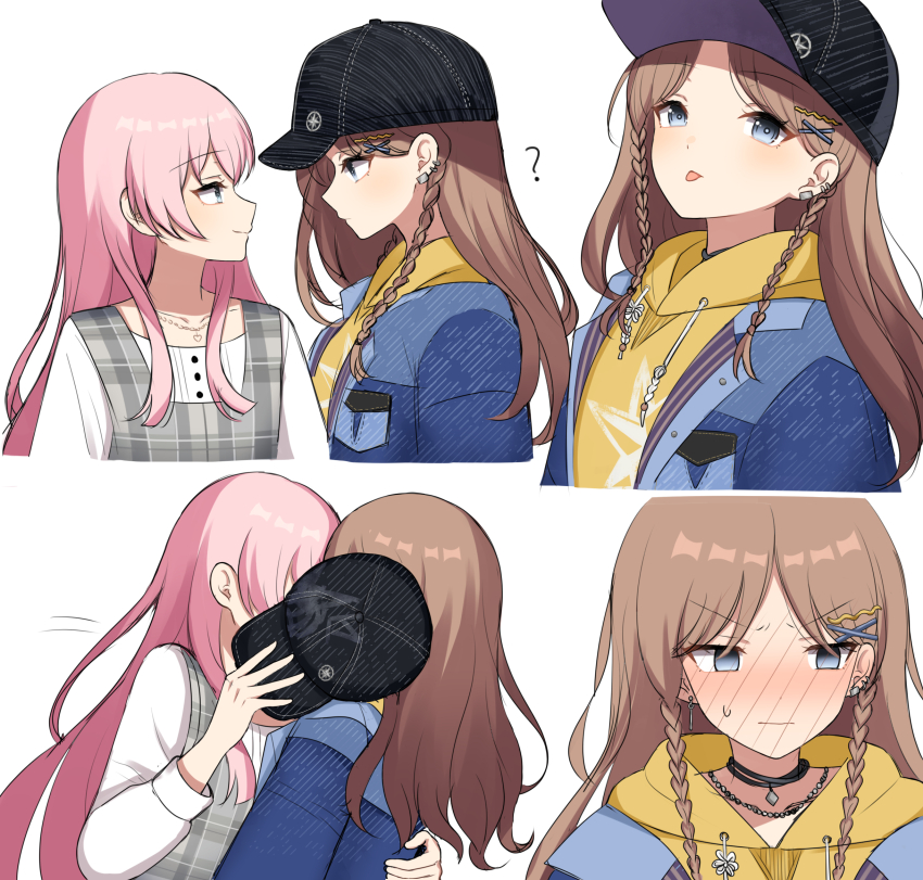 2girls ? bang_dream! bang_dream!_it&#039;s_mygo!!!!! baseball_cap black_hat blue_eyes blue_jacket blush brown_hair chihaya_anon closed_mouth commentary drawstring dress ear_piercing earclip full-face_blush grey_dress grey_eyes hair_ornament hairclip hand_on_another&#039;s_back hat heart heart_necklace highres hiruver holding holding_unworn_clothes holding_unworn_hat hood hoodie jacket jewelry kiss long_hair long_sleeves multiple_girls nagasaki_soyo necklace piercing pinafore_dress pink_hair shirt simple_background sleeveless sleeveless_dress smile sweatdrop tongue tongue_out unworn_hat unworn_headwear white_background white_shirt yellow_hoodie yuri