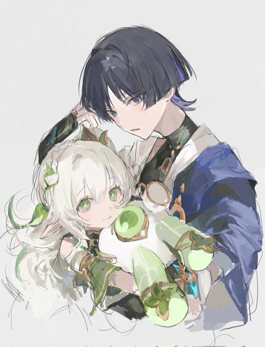 1boy 1girl armlet black_bodysuit black_hair blue_cape blunt_ends bodysuit braid cape closed_mouth creature cropped_torso crown_braid detached_sleeves dress eyeliner eyeshadow genshin_impact gold green_eyes green_pupils green_sleeves hair_between_eyes hair_ornament highres holding holding_creature japanese_clothes jewelry kimono leaf leaf_hair_ornament long_hair looking_at_another looking_at_viewer makeup multicolored_hair nahida_(genshin_impact) neo_akasha_terminal open_clothes open_kimono open_mouth pointy_ears purple_eyes purple_hair red_eyeliner red_eyeshadow scaramouche_(genshin_impact) shoulder_peek sidelocks sketch smile streaked_hair tsurime ttt_rr4 turtleneck turtleneck_bodysuit wanderer_(genshin_impact) white_background white_dress white_kimono