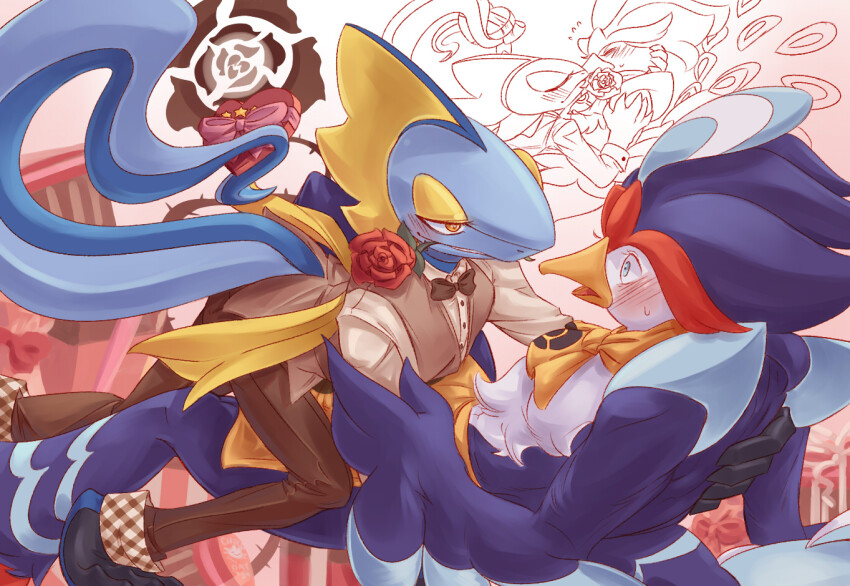 ascot beak black_bow black_bowtie blue_eyes blush bow bowtie box brown_eyes brown_pants brown_vest clothed_pokemon collared_shirt flower flower_in_mouth furry gen_8_pokemon heart-shaped_box hug inteleon looking_at_another nintendo orange_ascot pants pokemon pokemon_(creature) quaquaval red_flower red_rose rose shirt spazticcat valentine vest white_shirt