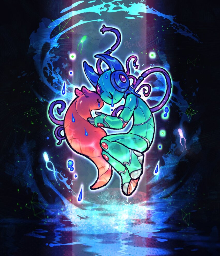 1girl androgynous black_background blue_background cable closed_eyes constellation creature crying facial_mark geometric_pattern highres humanoid_robot hunter_(rain_world) iterator_(rain_world) joints klmutie looks_to_the_moon monster neuron_fly_(rain_world) nude rain_world robot robot_ears robot_girl robot_joints scar scar_across_eye scar_on_back scar_on_face scar_on_tail slugcat tears water