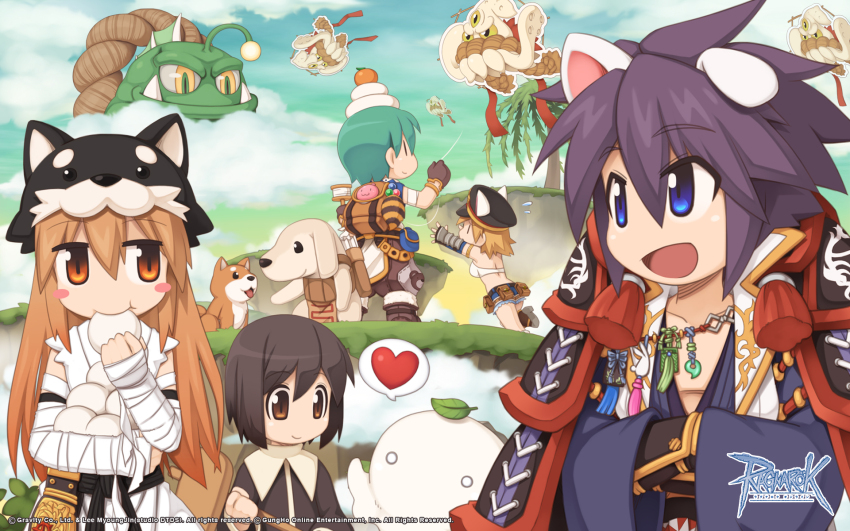 2girls 3boys :3 :d :t acolyte_(ragnarok_online) anchor_(ragnarok_online) anglerfish animal_ears arm_wrap armor belt belt_pouch bikini bikini_top_only black_belt black_hair blue_eyes blue_shirt blue_shorts blush_stickers boots brown_belt brown_eyes brown_footwear brown_gloves brown_hair brown_shorts championship_belt closed_mouth cloud coat copyright_notice dog dog_boy dog_ears eating fish floating_island fog food fruit gloves green_sky grey_shirt hair_between_eyes heart highres holding holding_mallet japanese_armor jewelry kagami_mochi kagerou_(ragnarok_online) kine kite kite_flying kobold_(ragnarok_online) kote kraken_(ragnarok_online) leaf logo long_hair looking_afar looking_to_the_side magatama magatama_necklace mallet mandarin_orange mochi multiple_boys multiple_girls necklace official_alternate_costume official_art official_wallpaper open_clothes open_coat open_mouth outdoors palm_tree poring pouch purple_hair quiver ragnarok_online shiba_inu shirt short_hair short_shorts shorts sky sleeveless sleeveless_coat sleeveless_shirt smile spoken_heart super_novice_(ragnarok_online) sura_(ragnarok_online) swimsuit tassel tree upper_body white_bikini white_coat white_shirt whitesmith_(ragnarok_online) wolf_hat yuichirou