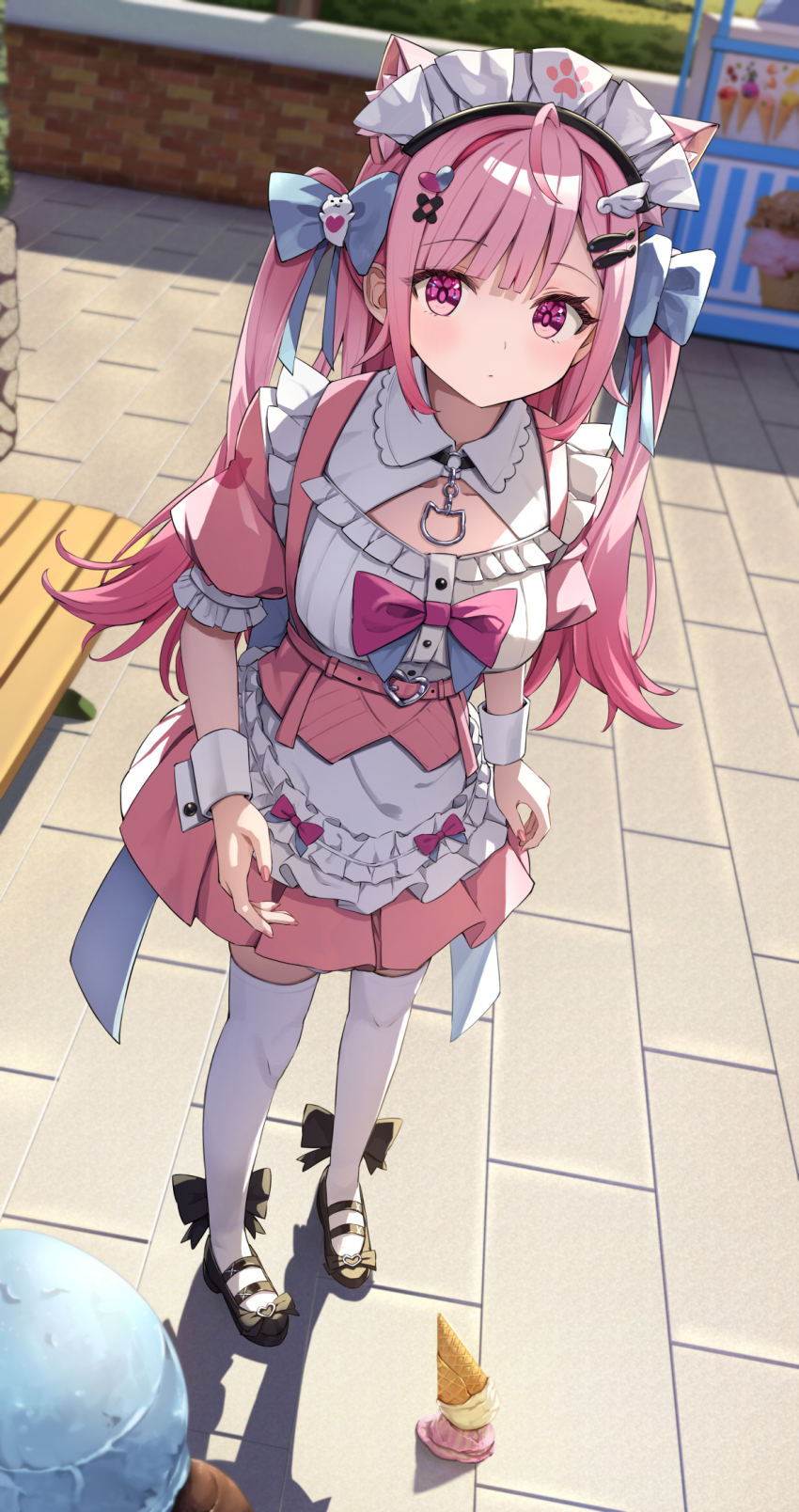 1girl ahoge animal_ears apron bandaid bandaid_hair_ornament black_shoes blue_bow blurry blurry_background bow cat_ears cat_girl chest_bow cleavage_cutout clothing_cutout commentary corset dress dropped_food expressionless fish_hair_ornament food footwear_bow frilled_dress frills ghost_hair_ornament hair_bow hair_ornament highres ice_cream indie_virtual_youtuber long_hair looking_at_viewer maid maid_apron maid_headdress outdoors pink_bow pink_corset pink_dress pink_hair pov purple_eyes shoes solo summer_tail720 thighhighs two_side_up underbust virtual_youtuber white_apron white_headdress white_thighhighs white_wrist_cuffs wing_hair_ornament wrist_cuffs yuuki_sakuna
