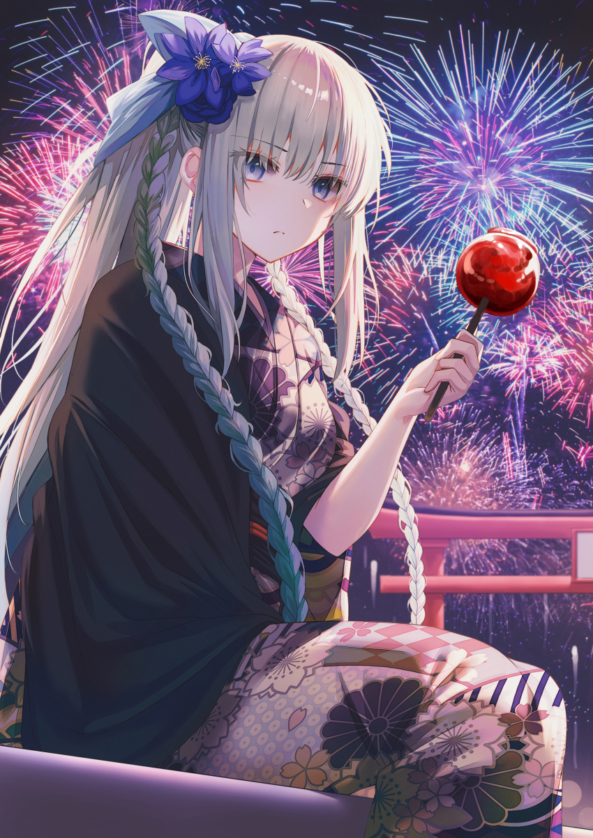 1girl absurdres aro_1801 blue_eyes blue_flower blue_ribbon braid candy_apple closed_mouth commentary expressionless fate/grand_order fate_(series) fireworks floral_print flower food hair_between_eyes hair_flower hair_ornament hair_ribbon highres holding holding_food japanese_clothes kimono long_hair looking_at_viewer morgan_le_fay_(fate) morgan_le_fay_(fgo_fes._2023)_(fate) night official_alternate_costume outdoors ponytail print_kimono ribbon sitting sky solo twin_braids very_long_hair yukata