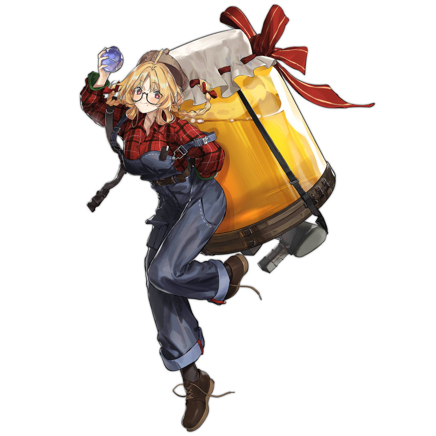 1girl assault_rifle blonde_hair blush braid braided_hair_rings breasts brown_shoes bullpup burst_fire_gun burst_fire_rifle double-stack_magazine double-stack_single-feed_magazine eating food full_body girls&#039;_frontline gun hair_ribbon hair_rings hat highres holding honey jar large_breasts long_gun long_hair lu_yin magazine_(weapon) needlegun official_alternate_costume official_art personification pink_eyes plaid_clothes plaid_shirt prototype_design ribbon rifle s-acr_(girls&#039;_frontline) s-acr_(make_a_sweet_wish)_(girls&#039;_frontline) shirt shoelaces shoes single-feed_magazine solo standing steyr_acr steyr_arms translucent untied_shoelaces weapon