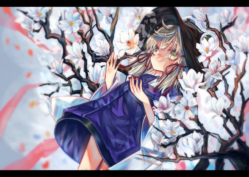 1girl artistic_error black_border blonde_hair blurry border branch depth_of_field dress flower flower_request green_eyes hair_ribbon hat highres letterboxed long_hair long_sleeves looking_ahead lying magnolia moriya_suwako on_back parted_lips red_ribbon ribbon soft_focus solo syukou teeth touhou white_flower wide_sleeves wrong_hand