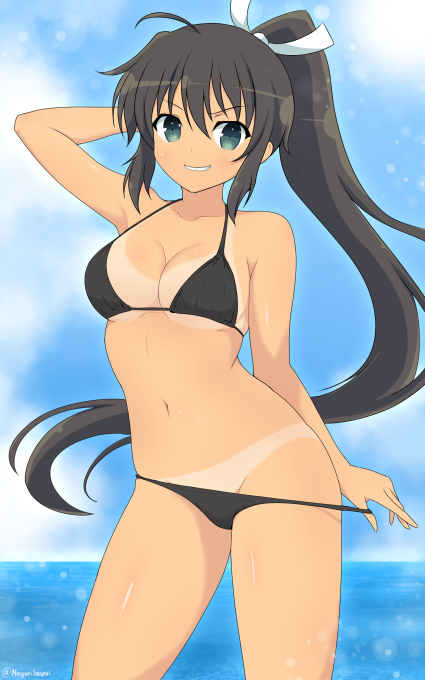 1girl absurdres ahoge beach_volleyball bikini black_bikini breasts dark-skinned_female dark_skin green_eyes highres homura_(senran_kagura) long_hair looking_at_viewer n-senpai ponytail ribbon senran_kagura senran_kagura_new_link senran_kagura_shinovi_versus solo swimsuit tan tanline undressing