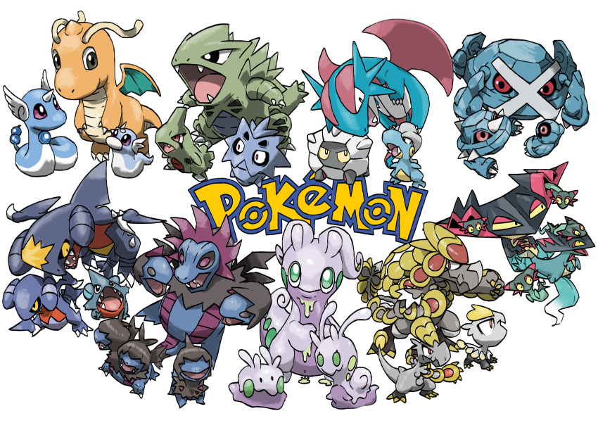 ._. absurdres animal_focus arm_up bagon beldum black_eyes black_sclera blacknirrow blank_eyes blue_gemstone bright_pupils chibi claws closed_mouth colored_sclera copyright_name covered_eyes deino_(pokemon) dragapult dragon dragonair dragonite drakloak dratini dreepy dripping english_text evolutionary_line eye_contact fang fangs floating full_body gabite garchomp gem gen_1_pokemon gen_2_pokemon gen_3_pokemon gen_4_pokemon gen_5_pokemon gen_6_pokemon gen_7_pokemon gen_8_pokemon gible goodra goomy green_eyes hakamo-o happy head_wings highres hydreigon jangmo-o kommo-o larvitar leaning_forward logo looking_at_another looking_at_viewer looking_down looking_to_the_side looking_up metagross metang multiple_heads nintendo no_humans no_mouth one-eyed open_mouth pokemon pokemon_(creature) pupitar purple_eyes red_eyes salamence sharp_teeth shelgon simple_background sliggoo slime_(creature) slime_(substance) smile spikes standing teeth tyranitar white_background white_eyes white_pupils white_wings wings yellow_eyes yellow_sclera zweilous