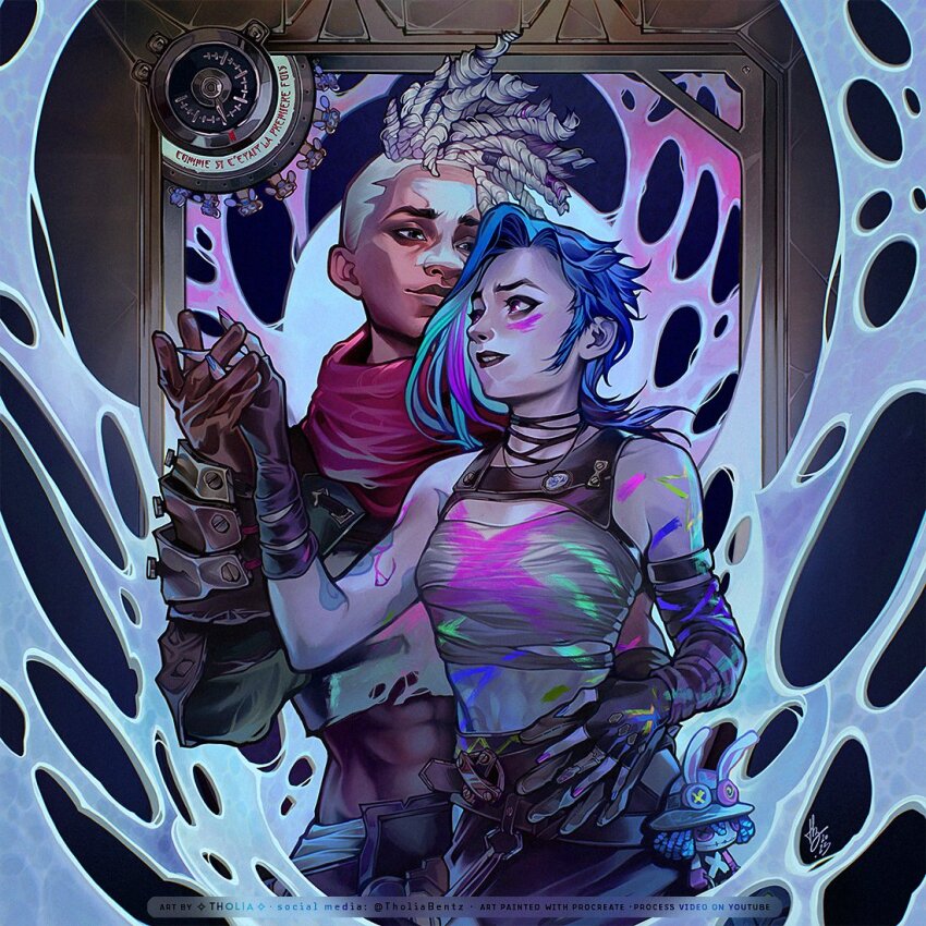 1boy 1girl abs arcane:_league_of_legends arcane_jinx arm_tattoo artist_name asymmetrical_gloves bandaged_chest bare_shoulders black_gloves black_lips blue_hair blue_nails breasts choker closed_mouth couple crop_top dark-skinned_male dark_skin dreadlocks ekko_(league_of_legends) elbow_gloves facepaint fingerless_gloves firelight_ekko gloves hetero holding_hands jinx_(league_of_legends) league_of_legends medium_breasts midriff nail_polish paint_on_body paint_on_clothes parted_lips procreate_(medium) red_scarf scarf shirt tattoo tholia_bentz torn_clothes torn_shirt twitter_username upper_body white_hair
