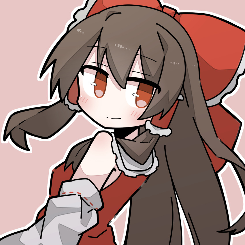1girl bad_id bad_tumblr_id bare_shoulders bow brown_hair detached_sleeves from_behind hair_between_eyes hair_tubes hakurei_reimu highres long_hair looking_at_viewer looking_back outer_glow red_bow red_eyes ribbon-trimmed_sleeves ribbon_trim sidelocks since20230529 smile solo touhou