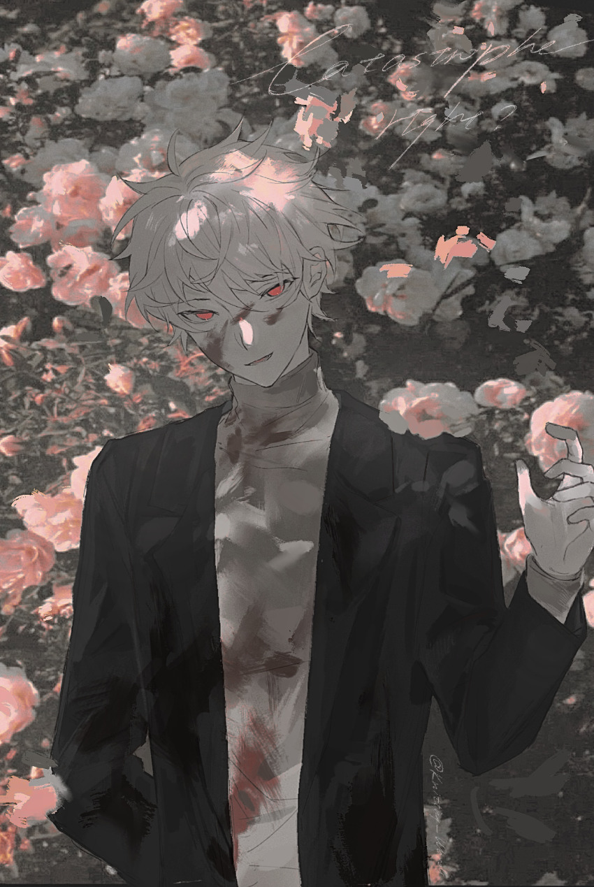 1boy atou_haruki black_jacket blood blood_on_clothes blood_on_face brown_sweater chinese_commentary commentary_request film_grain hand_up highres jacket long_sleeves looking_at_viewer male_focus open_clothes open_jacket open_mouth pale_color photo_background red_eyes saibou_shinkyoku smile solo spoilers sweater turtleneck turtleneck_sweater upper_body zhiyanpianyu55126