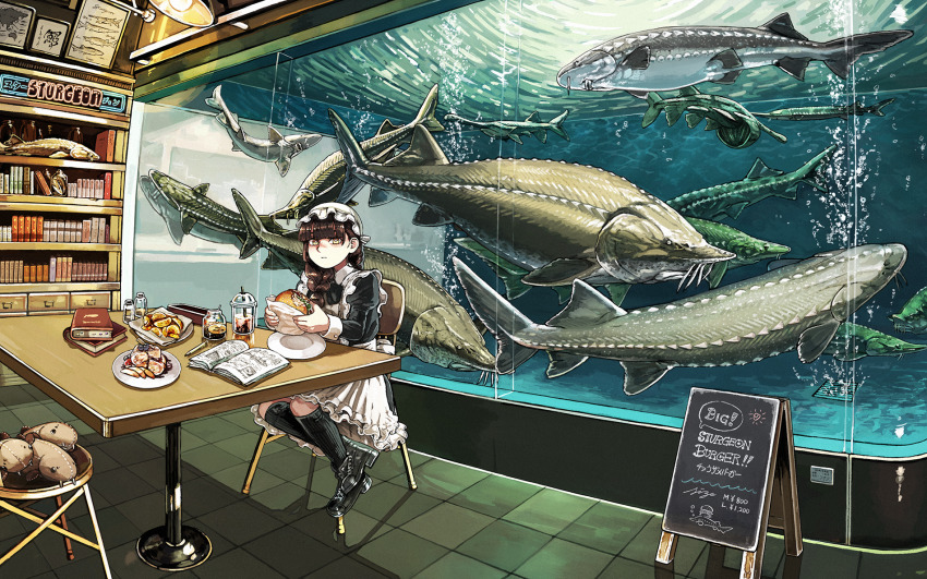 1girl apron aquarium black_boots black_dress black_socks blunt_bangs bookshelf boots braid braided_ponytail brown_hair burger closed_mouth dress drink fish fish_tank food food_bite frilled_apron frills hair_over_shoulder hat highres hiroya_(hirogaya_02) holding holding_burger holding_food indoors kneehighs long_hair looking_at_viewer maid maid_apron mob_cap on_chair original potato_wedges restaurant sitting socks solo sturgeon_(fish) table wide_shot yellow_eyes