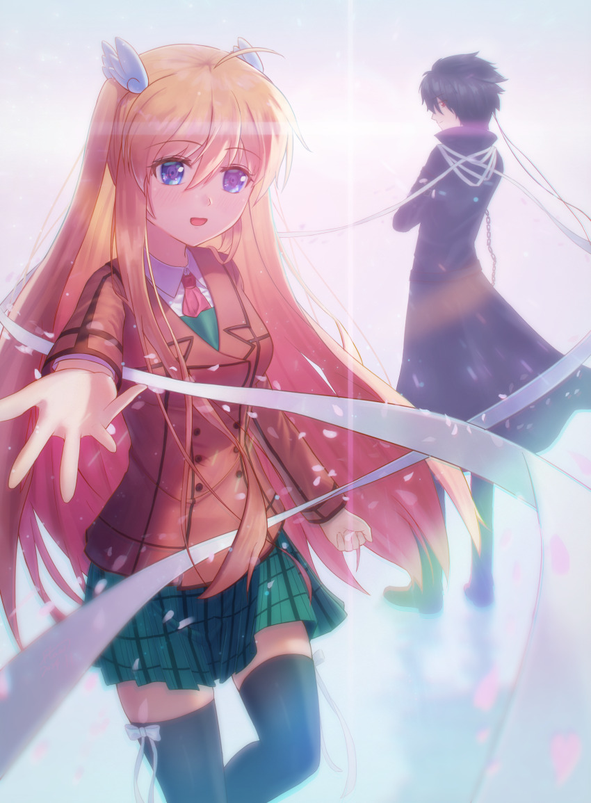 1boy 1girl :d absurdres ahoge black_coat black_thighhighs blue_eyes blurry blush brother_and_sister brown_jacket clenched_hand coat collared_shirt commentary contrapposto cowboy_shot depth_of_field eyes_visible_through_hair flowingcrescent full_body green_skirt hair_between_eyes hair_ornament happy highres jacket long_hair long_ribbon long_sleeves looking_at_viewer looking_back miniskirt ootori_chihaya ootori_sakuya open_mouth orange_hair outstretched_hand plaid_clothes plaid_skirt pleated_skirt red_eyes rewrite ribbon school_uniform shirt short_hair siblings sidelocks skirt smile spiked_hair standing straight_hair thighhighs two_side_up very_long_hair white_ribbon white_shirt wing_hair_ornament zettai_ryouiki