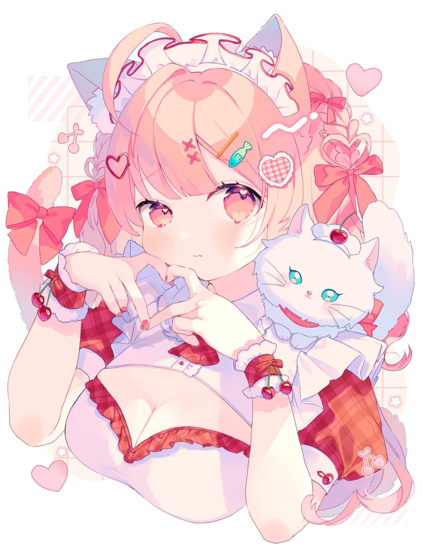 1girl absurdres ahoge animal animal_ear_fluff animal_ears animal_on_shoulder blush bow braid breasts cat cat_ears cat_girl cat_tail cleavage cleavage_cutout closed_mouth clothing_cutout cropped_torso dress food-themed_hair_ornament frills hair_bow hair_ornament hairclip hands_on_own_face hands_up heart heart_hair_ornament heart_hands highres komomo_(2899) long_hair looking_at_viewer maid_headdress medium_breasts nail_polish original pink_hair plaid puffy_short_sleeves puffy_sleeves red_bow red_nails short_sleeves solo tail tail_bow tail_ornament tail_raised upper_body wrist_cuffs