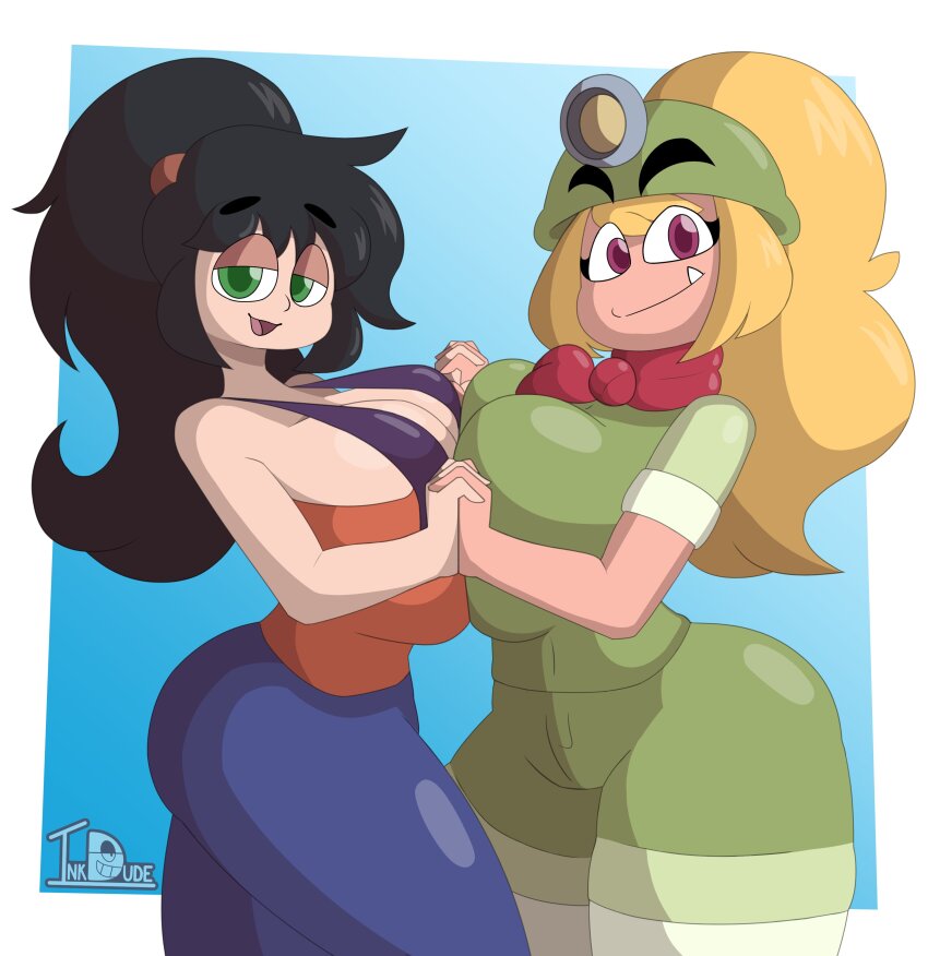 2girls absurdres artist_name artist_request black_hair blonde_hair blue_background breast_press breasts character_request explorer fang goomba goombella green_eyes handkerchief helmet highres holding_hands huge_breasts humanization long_hair mario_(series) multiple_girls nintendo overalls paper_mario ponytail red_eyes shorts smile thighs