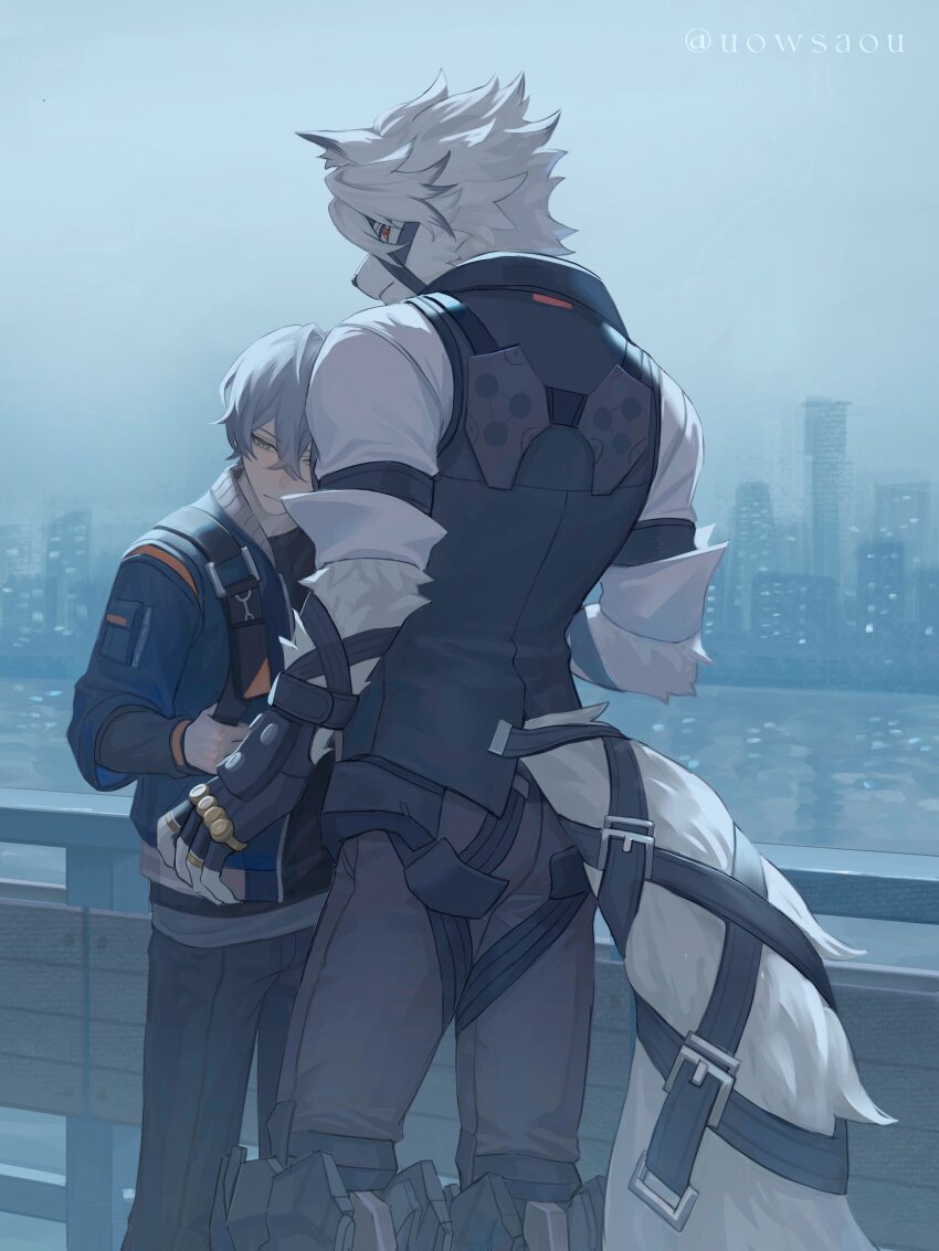 2boys absurdres black_gloves black_shirt black_vest blue_jacket collared_shirt commentary couple feet_out_of_frame fingerless_gloves furry furry_male furry_with_non-furry gloves grey_eyes grey_hair grey_pants grey_sky head_on_another&#039;s_chest highres interspecies jacket looking_to_the_side male_focus multiple_boys outdoors pants railing shirt short_hair size_difference sky skyline sleeves_rolled_up tail_belt uowsaou vest von_lycaon white_shirt wise_(zenless_zone_zero) wolf_boy yaoi zenless_zone_zero