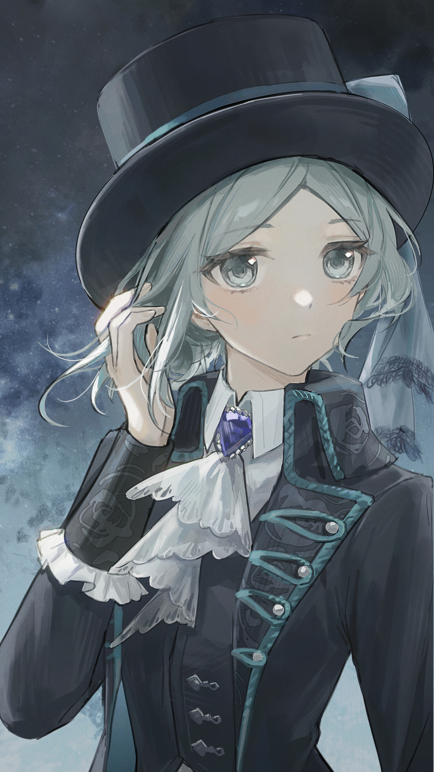 1girl absurdres ascot black_hat black_jacket blue_brooch closed_mouth collared_shirt expressionless grey_eyes grey_hair hand_in_own_hair hat highres jacket looking_to_the_side reverse:1999 shirt solo top_hat upper_body vertin_(reverse:1999) white_ascot white_shirt yukiri_(l_ii)