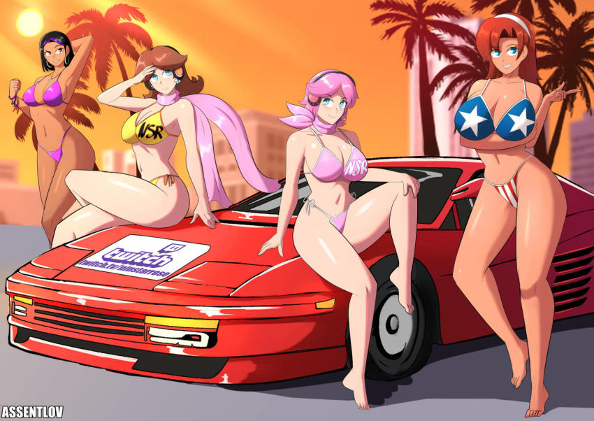 4girls assentlov bikini black_hair blue_eyes breasts brown_hair building candy_suxxx car cleavage earrings flower_earrings full_body grand_theft_auto grand_theft_auto:_vice_city grin headphones jewelry legs long_hair looking_at_viewer mario_(series) motor_vehicle multiple_girls navel nintendo original outdoors palm_tree pink_hair princess_daisy red_hair scarf shiny_skin sitting smile standing sun super_mario_land swimsuit thighs tree twitch twitch.tv