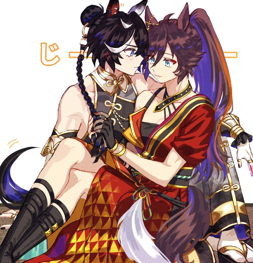 2girls animal_ears back bare_shoulders belt black_hair black_shirt blue_eyes breasts brown_hair commentary_request detached_sleeves dress ear_covers elbow_gloves fingerless_gloves gloves hair_extensions highres horse_ears horse_girl horse_tail jagaimobeniko katsuragi_ace_(pen_name:_ink_dragon)_(umamusume) katsuragi_ace_(umamusume) long_hair mr._c.b._(dazzling_kabuki_flower)_(umamusume) mr._c.b._(umamusume) multicolored_hair multiple_girls nail_polish official_alternate_costume official_alternate_hairstyle open_mouth ponytail red_dress red_nails ring_hair_extensions sash shirt simple_background single_bare_shoulder single_glove single_sleeve skirt small_breasts smile strapless strapless_shirt streaked_hair tail umamusume white_background white_gloves white_skirt yuri