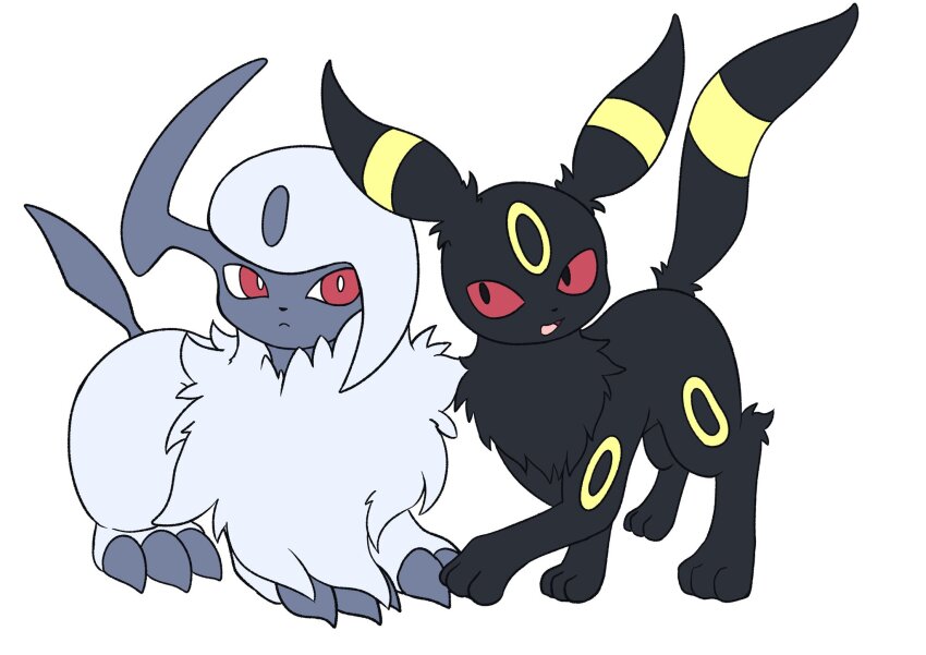absol animal_focus black_eyes claws closed_mouth colored_sclera gen_2_pokemon gen_3_pokemon highres lying nintendo no_humans open_mouth pokemon pokemon_(creature) red_eyes red_sclera simple_background smile soruva_359 umbreon white_background white_hair