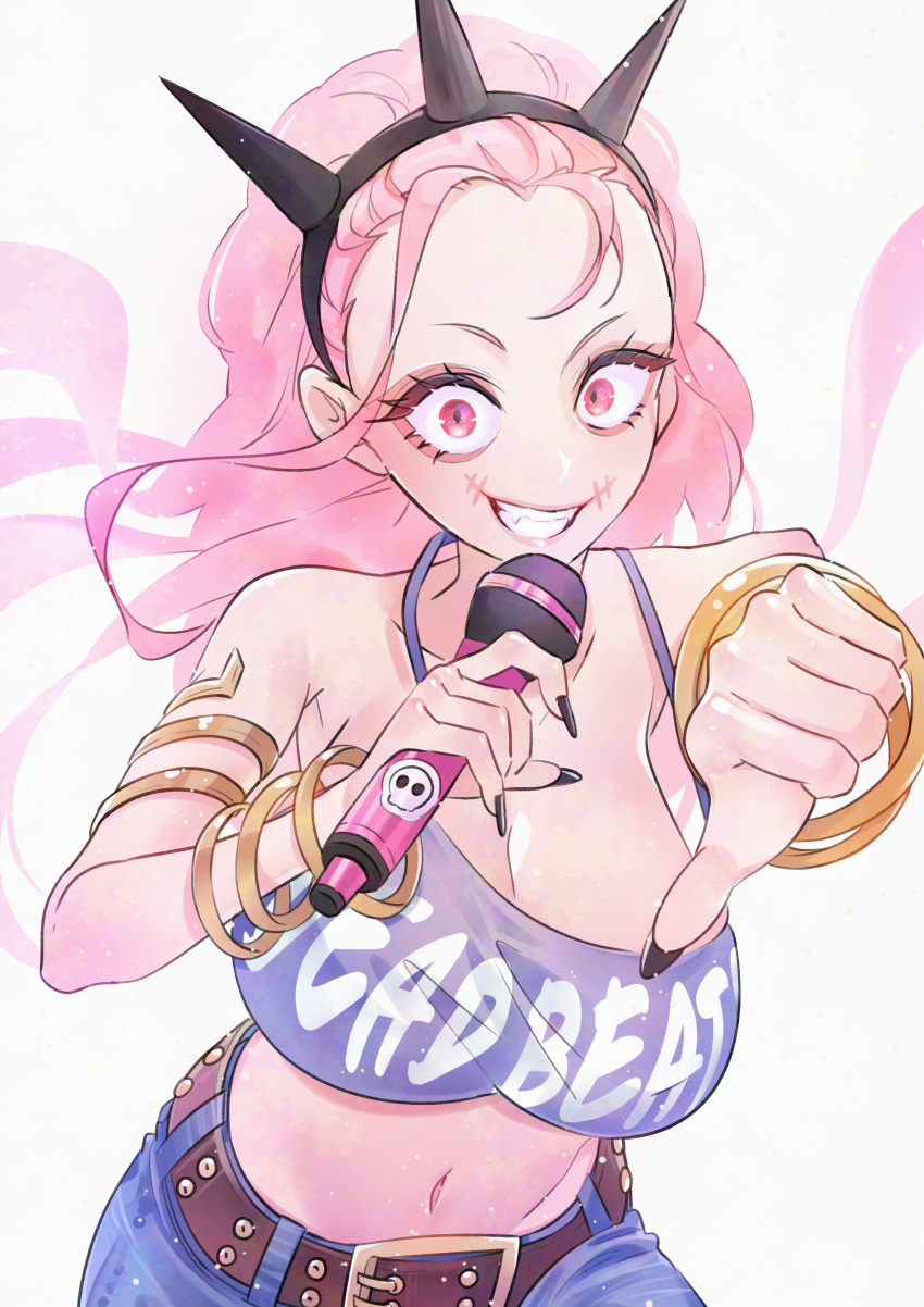 1girl 2girls absurdres alternate_costume belt blue_pants bracelet breasts cleavage crazy crazy_smile denim hairband highres holding hololive hololive_english jeans jewelry large_breasts let&#039;s_just_crash_(gachiakuta) long_hair looking_at_viewer medium_breasts mori_calliope multiple_bracelets multiple_girls navel noxxia39 official_alternate_costume pants pink_eyes pink_hair pink_tank_top purple_tank_top red_eyes simple_background smile solo spiked_hairband spikes stitched_face stitches tank_top teeth torn_clothes torn_jeans torn_pants virtual_youtuber white_background