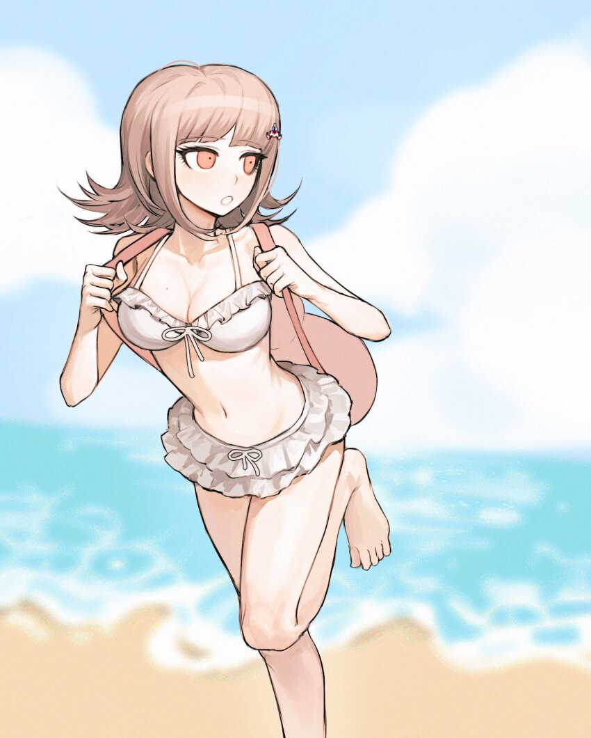 1girl animal_bag beach bikini breasts brown_hair casssstle12 cat_bag cleavage danganronpa_(series) danganronpa_2:_goodbye_despair day flipped_hair frilled_bikini frills galaga highres large_breasts looking_to_the_side medium_hair mole mole_on_breast nanami_chiaki navel pink_bag pink_eyes solo spaceship_hair_ornament swimsuit water white_bikini