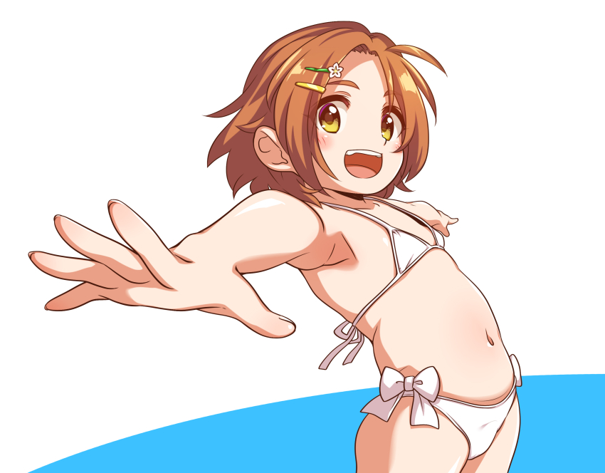 1girl armpits bikini brown_hair flat_chest fuu_(koneko_no_yomeiri) highres idolmaster idolmaster_cinderella_girls loli navel open_mouth ryuzaki_kaoru side-tie_bikini_bottom solo stomach swimsuit thighs white_bikini yellow_eyes