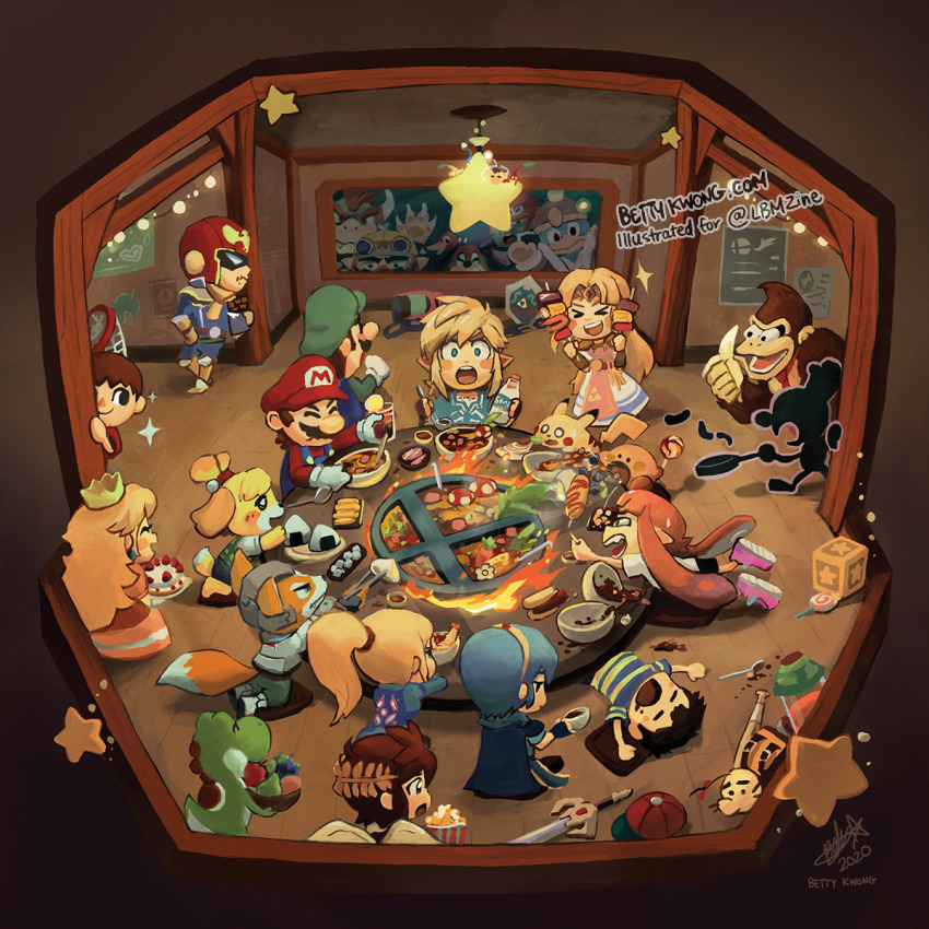 5girls 6+boys 6+girls animal_crossing backpack bag banana baseball_bat baseball_cap bettykwong black_hair blonde_hair blue_eyes blue_hair bowser brown_hair captain_falcon carrot chibi crown dog_(duck_hunt) donkey_kong donkey_kong_(series) donkey_kong_country doseisan duck_(duck_hunt) duck_hunt dumpling f-zero facial_hair falchion_(fire_emblem) fire fire_emblem food fox_mccloud fruit ganondorf gen_1_pokemon hat highres hotpot isabelle_(animal_crossing) kid_icarus kid_icarus_uprising king_dedede kirby kirby_(series) link luigi mario mario_(series) marth_(fire_emblem) metroid mother_(series) mr._game_&amp;_watch multiple_boys multiple_girls mushroom mustache ness_(mother_2) nintendo olimar onigiri pikachu pit_(kid_icarus) pointy_ears pokemon pokemon_(creature) popcorn princess_peach princess_zelda samus_aran shish_kebab splatoon_(series) splatoon_1 star_(symbol) star_fox super_smash_bros. the_legend_of_zelda the_legend_of_zelda:_a_link_between_worlds the_legend_of_zelda:_breath_of_the_wild villager_(animal_crossing) wario warioware yoshi zero_suit