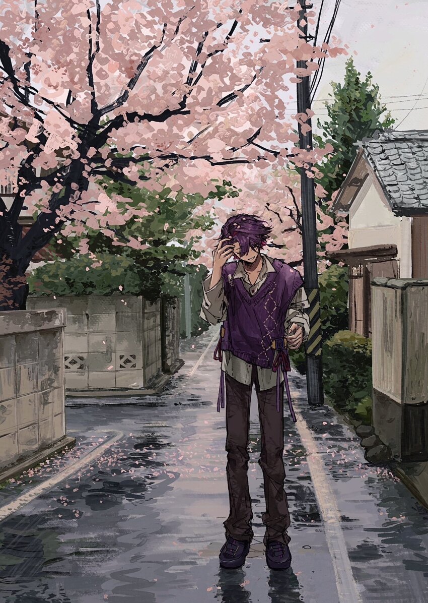 1boy black_pants black_shoes cherry_blossoms closed_eyes collared_shirt colored_inner_hair falling_petals full_body grey_sky grin hand_in_own_hair highres house long_sleeves male_focus multicolored_hair nijisanji open_collar outdoors overcast pants parted_bangs petals pink_hair pink_petals power_lines puddle purple_hair purple_sweater_vest road scenery shirt shoes short_hair side_part sky smile solo standing sweater_vest two-tone_hair umirou utility_pole virtual_youtuber watarai_hibari wet_ground white_shirt wind wing_collar