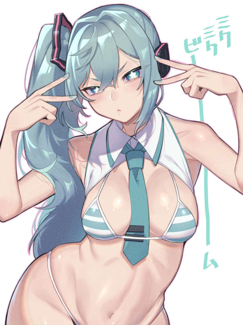 1girl aqua_bikini aqua_eyes aqua_hair aqua_nails aqua_necktie aqua_trim bare_arms bare_shoulders between_breasts bikini breasts bright_pupils closed_mouth collared_shirt commentary_request cowboy_shot double_inward_v double_v hair_intakes hair_ornament hands_up hatsune_miku hatsune_miku_(noodle_stopper) headset highres inward_v long_hair looking_at_viewer m@gical_cure!_love_shot!_(vocaloid) meme meme_attire miku_collar_bikini miku_miku_beaaaam!!_(meme) multicolored_bikini nail_polish navel necktie necktie_between_breasts official_alternate_hairstyle shiny_skin shirt side_ponytail sidelocks sidetail_miku_noodle_stopper_(meme) simple_background skindentation solo star-shaped_pupils star_(symbol) swimsuit symbol-shaped_pupils toriniku29 two-tone_bikini v v-shaped_eyebrows vocaloid white_background white_pupils white_shirt