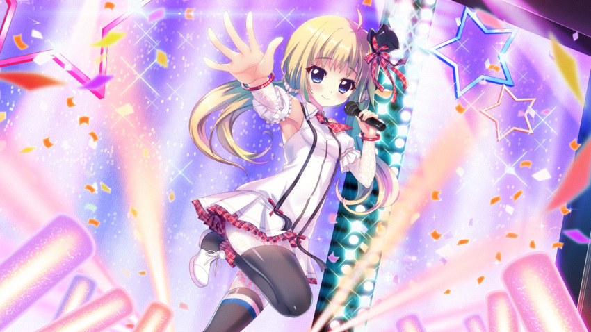 1girl armpits bare_shoulders black_leggings black_pantyhose black_shoes blonde_hair blue_eyes bow bracelet breasts colored_lights concert confetti detached_sleeves dress film_grain game_cg glowstick hat holding holding_microphone idol idol_clothes itsumura_haruka izumi_tsubasu jewelry leggings long_hair low_twintails microphone mini_hat mini_top_hat multicolored_leggings multicolored_shoes multicolored_skirt necktie non-web_source official_art outstretched_arm pantyhose plaid_bow plaid_clothes plaid_necktie plaid_skirt re:stage! red_bow shoes short_dress skirt sleeveless sleeveless_dress small_breasts smile solo sparkle stage stage_lights star_(symbol) top_hat twintails white_dress white_leggings white_shoes white_skirt