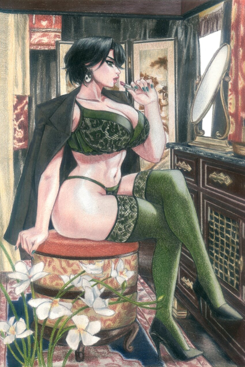 1girl absurdres black_hair black_shoes bra breasts cosmetics earrings full_body green_bra green_panties green_thighhighs high_heels highres holding holding_lipstick_tube indoors jacket jacket_on_shoulders jewelry large_breasts lipstick_tube looking_at_mirror mirror original panties redmaiden shoes short_hair solo thighhighs underwear yin_yang yin_yang_earrings