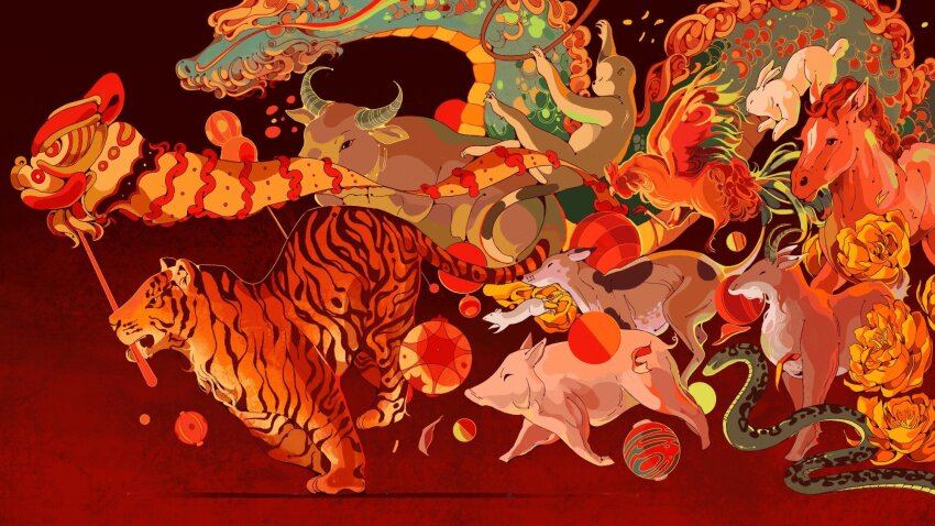 ball bird bull chicken chinese_new_year chinese_zodiac commentary dog dragon eastern_dragon english_commentary everyone flower goat highres horse jdebbiel kite lantern lion_dance monkey mouse_(animal) mouth_hold original paper_lantern pig rabbit red_background red_theme rooster running snake tiger year_of_the_dog year_of_the_dragon year_of_the_goat year_of_the_horse year_of_the_monkey year_of_the_ox year_of_the_pig year_of_the_rabbit year_of_the_rat year_of_the_rooster year_of_the_snake year_of_the_tiger yellow_flower