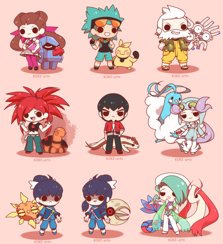 4girls 5boys :&lt; :d altaria aqua_hair artist_name aviator_cap beard black_footwear black_hair black_shirt blue_footwear blue_hat blue_pants blue_shirt blue_shorts book bow brawly_(pokemon) brother_and_sister brown_footwear brown_hair chibi clenched_hand closed_eyes closed_mouth commentary dress english_commentary eyewear_on_head facial_hair flame_print flannery_(pokemon) floating full_body gen_1_pokemon gen_3_pokemon goggles goggles_on_head green-tinted_eyewear green_jacket grey_dress hair_bow half-closed_eyes hand_in_pocket hand_on_own_hip hat highres holding holding_book holding_poke_ball jacket jumpsuit koki_arts linoone liza_(pokemon) long_hair lunatone magneton makuhita midriff milotic multiple_boys multiple_girls navel nintendo norman_(pokemon) nosepass open_clothes open_jacket open_mouth orange-tinted_eyewear pants pantyhose partially_shaded_face pink_background pink_bow pink_pantyhose poke_ball poke_ball_(basic) pokemon pokemon_(creature) pokemon_oras ponytail red_hair roxanne_(pokemon) sandals shirt short_hair shorts siblings simple_background smile solrock spiked_hair star_(symbol) sunglasses tate_(pokemon) teeth tinted_eyewear torkoal twintails upper_teeth_only v-shaped_eyebrows wallace_(pokemon) wattson_(pokemon) white_bow white_footwear white_hair white_hat white_pants winona_(pokemon) yellow_jumpsuit