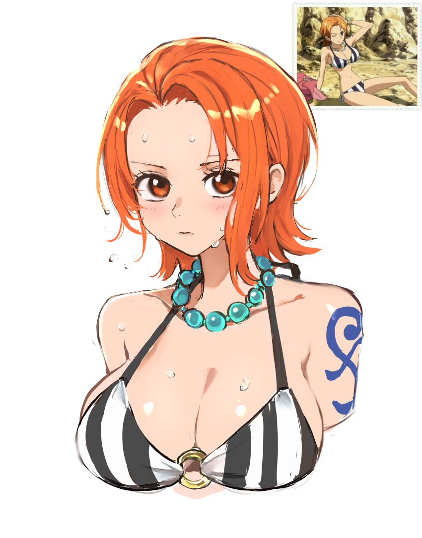 1girl absurdres anime_screenshot_inset arm_tattoo bikini breasts cleavage collarbone commentary cropped_torso forehead highres jewelry kasumi_6 large_breasts looking_at_viewer nami_(one_piece) necklace one_piece one_piece:_strong_world orange_hair pearl_necklace reference_inset short_hair simple_background solo striped_bikini striped_clothes sweat swimsuit tattoo upper_body vertical-striped_bikini vertical-striped_clothes white_background