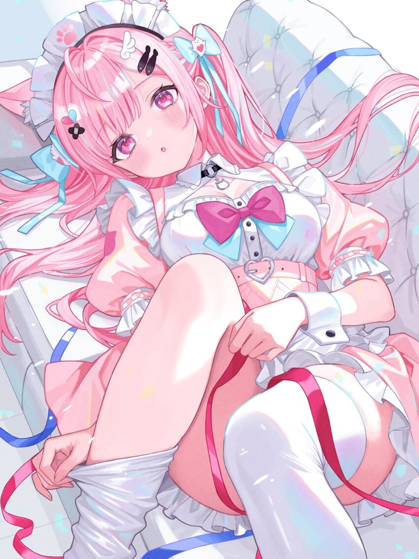 1girl :o adjusting_clothes adjusting_legwear ahoge animal_ears bandaid bandaid_hair_ornament belt black_choker blue_bow blush bow breasts cat_choker cat_ears cat_girl choker cleavage_cutout clothing_cutout collarbone commentary couch crossed_bandaids dress extra_ears fish_hair_ornament ghost_hair_ornament hair_bow hair_ornament hairclip heart heart_hair_ornament highres indie_virtual_youtuber knee_up long_hair lying maid maid_headdress o-ring o-ring_choker on_back open_mouth paw_print pink_belt pink_bow pink_dress pink_eyes pink_hair pink_ribbon ribbon short_sleeves solo thighhighs thighs two_side_up virtual_youtuber white_thighhighs white_wrist_cuffs wing_hair_ornament wrist_cuffs yuuki_sakuna yuuki_sakuna_(1st_costume) yuzuriha_(nx_e78)