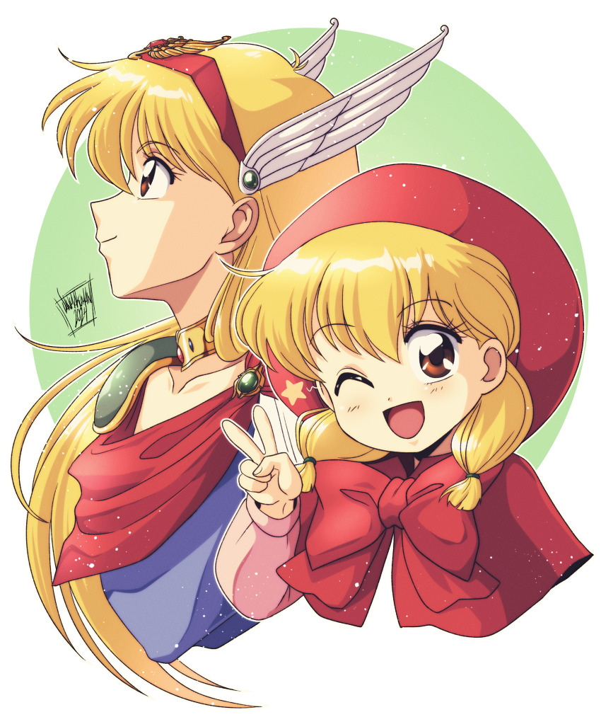 2girls absurdres akazukin_chacha armor blonde_hair blue_dress bow brown_eyes capelet chacha_(akazukin_chacha) choker collarbone cropped_torso danmakuman dress dual_persona hairband head_wings highres hood hooded_capelet long_hair long_sleeves looking_at_viewer magical_girl magical_princess multiple_girls one_eye_closed open_mouth pauldrons pink_shirt profile red_bow red_capelet red_scarf scarf shirt shoulder_armor smile v wings