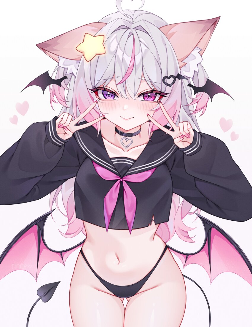 1girl absurdres ahoge animal_ears annytf black_panties black_sailor_collar black_serafuku black_tail bow bowtie closed_mouth commentary cowboy_shot cropped_shirt demon_tail double_v fox_ears fox_girl gradient_hair hair_ornament heart heart_hair_ornament highres indie_virtual_youtuber long_hair long_sleeves looking_at_viewer low_wings multicolored_hair panties pink_bow pink_bowtie pink_eyes pink_hair purple_eyes rinne_(rinne_oi) sailor_collar school_uniform serafuku simple_background smile solo star_(symbol) star_hair_ornament streaked_hair symbol-only_commentary tail thong underwear v virtual_youtuber white_background white_hair wings
