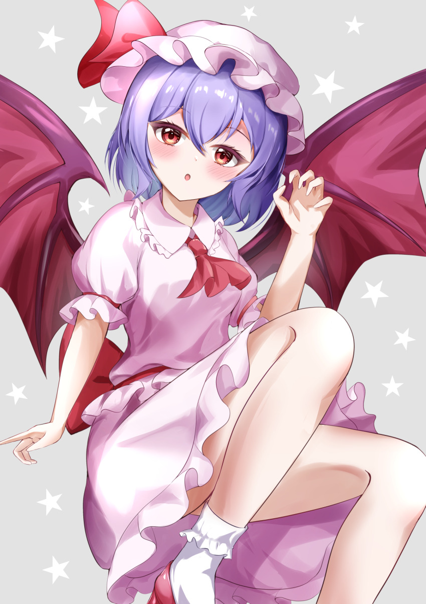 1girl absurdres ascot bat_wings grey_background hat highres looking_at_viewer mob_cap pink_hat pink_shirt pink_skirt purple_hair red_ascot red_eyes remilia_scarlet shirotsuki_shirone shirt short_hair simple_background skirt star_(symbol) touhou wings