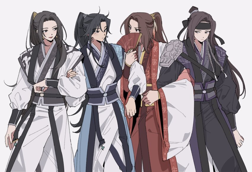 4boys armor baek_eon bibi_(p_pp8888) black_hair black_headband black_pants brown_eyes brown_hair chinese_clothes closed_mouth earrings feathers feet_out_of_frame folding_fan furrowed_brow hair_bun hanbok hand_fan hanfu headband high_ponytail highres holding holding_another&#039;s_arm holding_fan hwa_un jewelry jinhongi korean_clothes long_hair long_sleeves looking_at_another male_focus mu_won multiple_boys open_mouth pants ponytail red_pants seo_geom shoulder_armor strap white_background white_pants wide_sleeves zhijupao