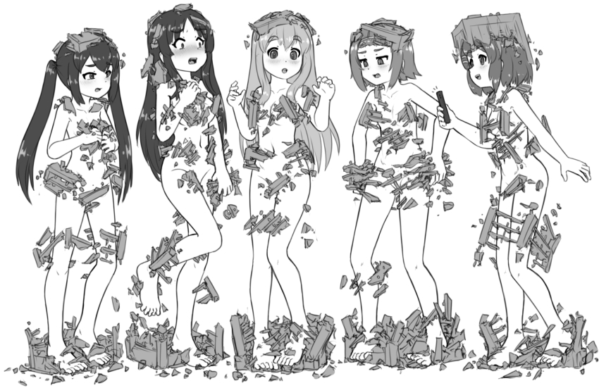 5girls :o akiyama_mio alloyrabbit blush commentary english_commentary feet female_focus highres hirasawa_yui ho-kago_tea_time k-on! kotobuki_tsumugi legs long_hair monochrome multiple_girls nakano_azusa nude open_mouth short_hair simple_background tainaka_ritsu teeth thick_eyebrows twintails upper_teeth_only white_background