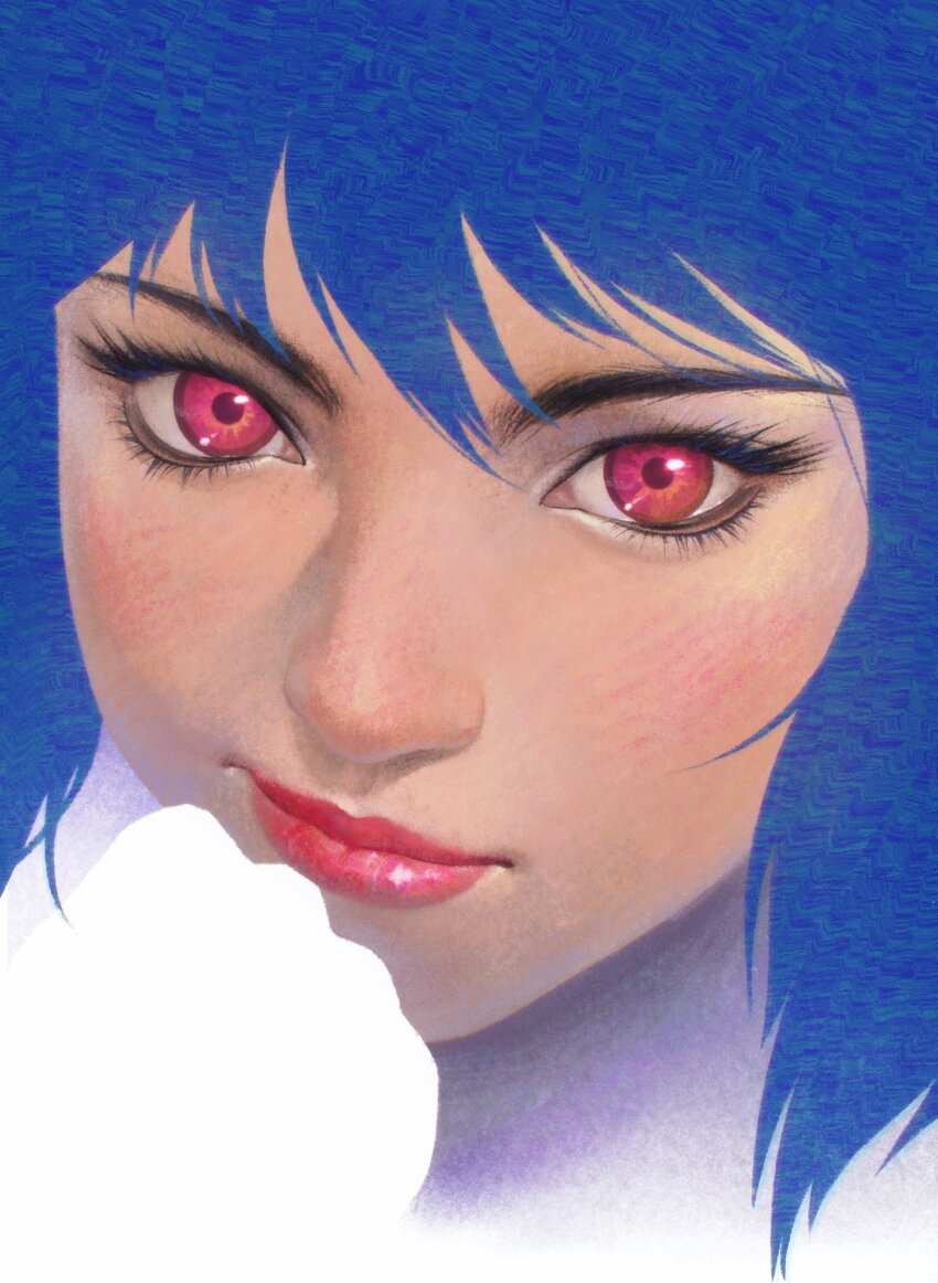 1girl aizheajsee blue_hair ghost_in_the_shell head_only highres kusanagi_motoko looking_at_viewer medium_hair portrait realistic red_eyes solo straight-on