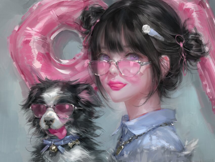 1girl absurdres balloon bell black_hair blue_shirt bm94199 dog hair_ornament hairpin highres jewelry long_hair neck_bell necklace original purple_eyes shirt