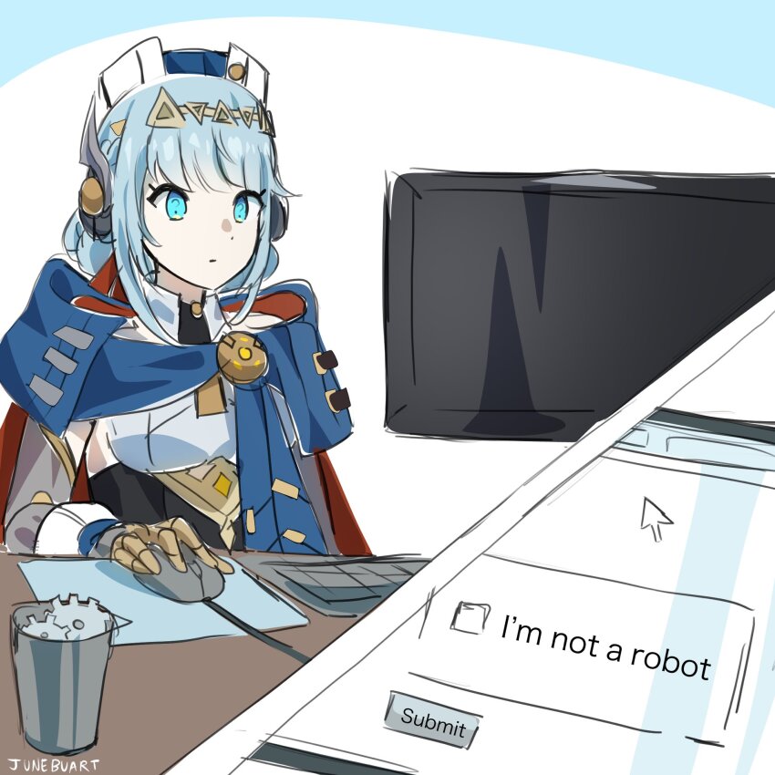 1girl android blue_eyes blue_hair cape captcha closed_mouth commentary computer computer_mouse cursor english_commentary gears genshin_impact hat highres ineffa_(genshin_impact) joints junebuart monitor mousepad_(object) robot_joints signature simple_background solo table upper_body