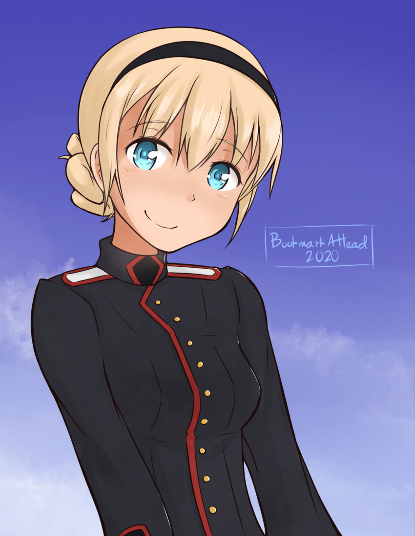 1girl 2020 artist_name black_hair blonde_hair blue_sky bookmarkahead braid cloud dated hair_between_eyes hairband highres looking_at_viewer military military_uniform noble_witches rosalie_de_hemricourt_de_grunne short_hair sky smile upper_body world_witches_series