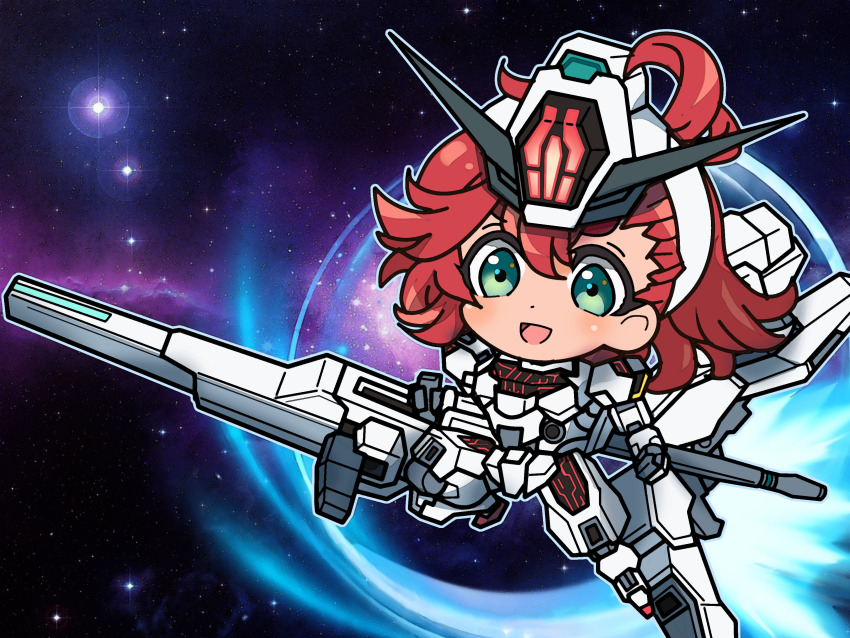 1girl absurdres armor beam_cannon chibi commentary energy_cannon exhaust green_eyes guchurimu_genrishugi gun gundam gundam_calibarn gundam_suisei_no_majo highres holding holding_gun holding_weapon mecha_musume red_hair smile solo space star_(sky) suletta_mercury thrusters v-fin weapon