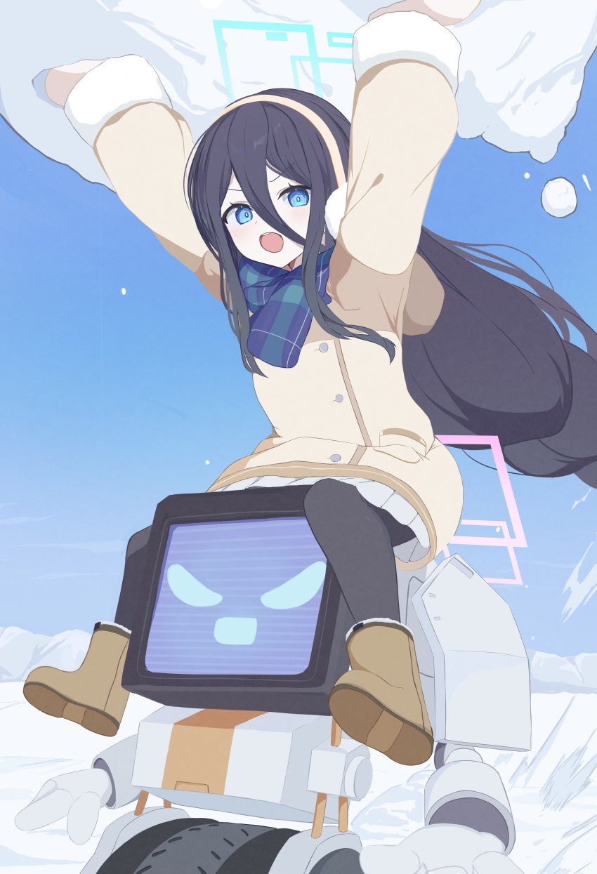 1girl absurdly_long_hair absurdres aris_(blue_archive) aris_(winter)_(blue_archive) black_hair black_pantyhose blue_archive blue_eyes blue_halo blue_scarf boots braid brown_boots brown_coat buttons coat commentary day earmuffs fur-trimmed_jacket fur-trimmed_sleeves fur_trim gloves hair_between_eyes halo highres holding holding_snowball jacket kei_(amas)_(blue_archive) long_hair long_sleeves looking_at_viewer monitor non-humanoid_robot official_alternate_costume open_mouth outdoors pantyhose plaid_clothes plaid_scarf pocket puffy_sleeves rectangular_halo red_halo robot scarf skirt smile snow snowball tottun_happy very_long_hair white_skirt winter winter_clothes winter_coat