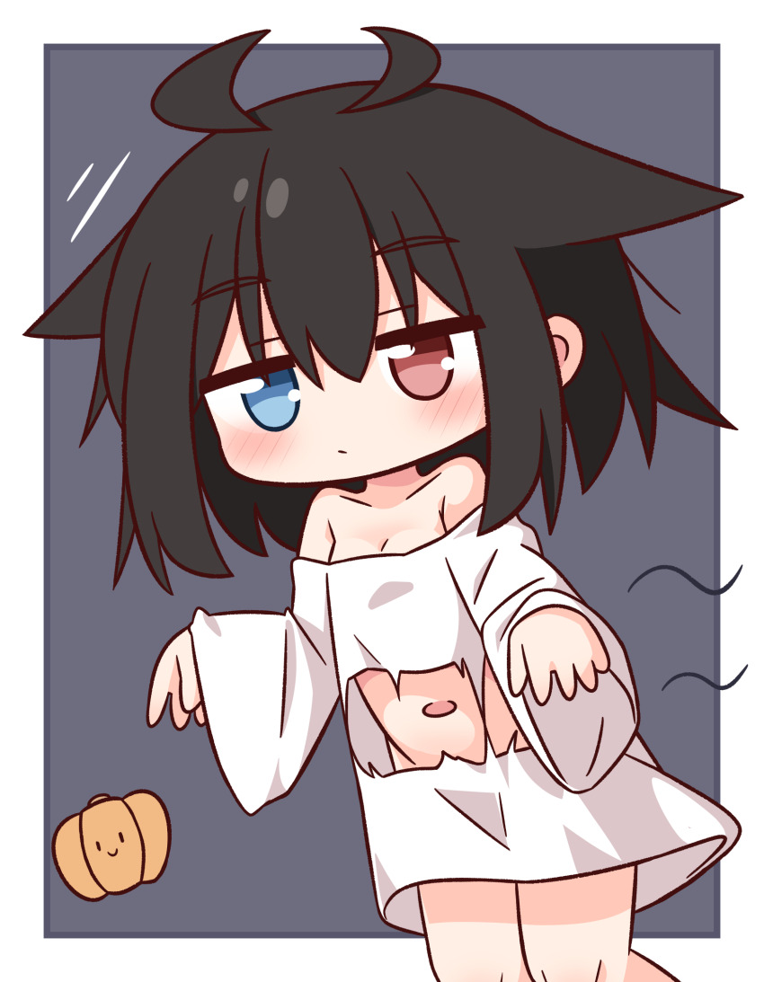 1girl bare_shoulders black_hair blue_eyes blush border breasts cleavage closed_mouth collarbone commentary_request cowboy_shot grey_background hana_kazari heterochromia highres long_sleeves navel no_pants original outside_border red_eyes revision shirt short_hair simple_background solo torn_clothes torn_shirt white_border white_shirt