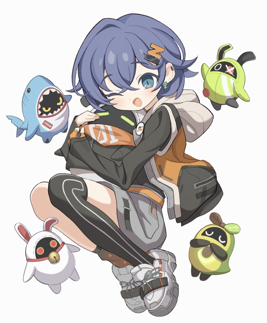 1girl ;d amillion_(zenless_zone_zero) avocaboo_(zenless_zone_zero) bangboo_(zenless_zone_zero) belle_(zenless_zone_zero) black_jacket blue_eyes blue_hair eous_(zenless_zone_zero) hair_ornament highres hood hooded_jacket jacket ketsu_juuji_killer_(kejuki) looking_at_viewer luckyboo_(zenless_zone_zero) one_eye_closed open_mouth sharkboo_(zenless_zone_zero) shoes short_hair single_thighhigh smile sneakers solo thighhighs white_shoes zenless_zone_zero