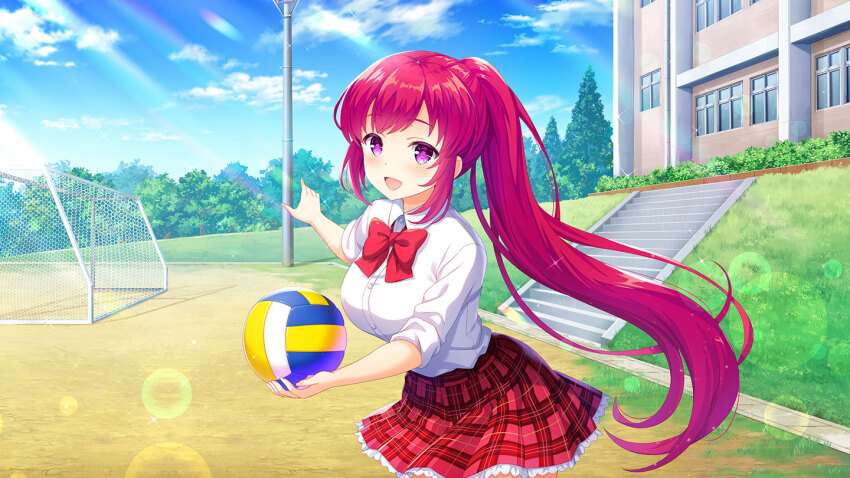 1girl asami_kei ball bow bowtie day girlfriend_(kari) holding holding_ball looking_at_viewer looking_up official_art open_mouth outdoors pink_eyes pink_hair plaid_clothes plaid_skirt ponytail qp:flapper red_bow red_skirt school school_uniform shirt skirt smile solo standing sunlight tagme volleyball_(object) white_shirt