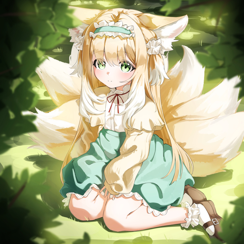 1girl animal_ears aqua_hairband aqua_skirt arknights blonde_hair bobby_socks brown_shoes cardigan closed_mouth colored_tips fox_ears fox_girl fox_tail frilled_hairband frills full_body green_eyes hair_ornament hair_scrunchie hairband high-waist_skirt highres kitsune kyuubi long_hair long_sleeves looking_at_viewer mary_janes mint_ch multicolored_hair multiple_tails neck_ribbon official_alternate_costume puffy_long_sleeves puffy_sleeves red_ribbon ribbon scrunchie shirt shoes sitting skirt sleeves_past_wrists socks solo suzuran_(arknights) suzuran_(spring_praise)_(arknights) tail two-tone_hair wariza white_hair white_shirt white_socks yellow_cardigan